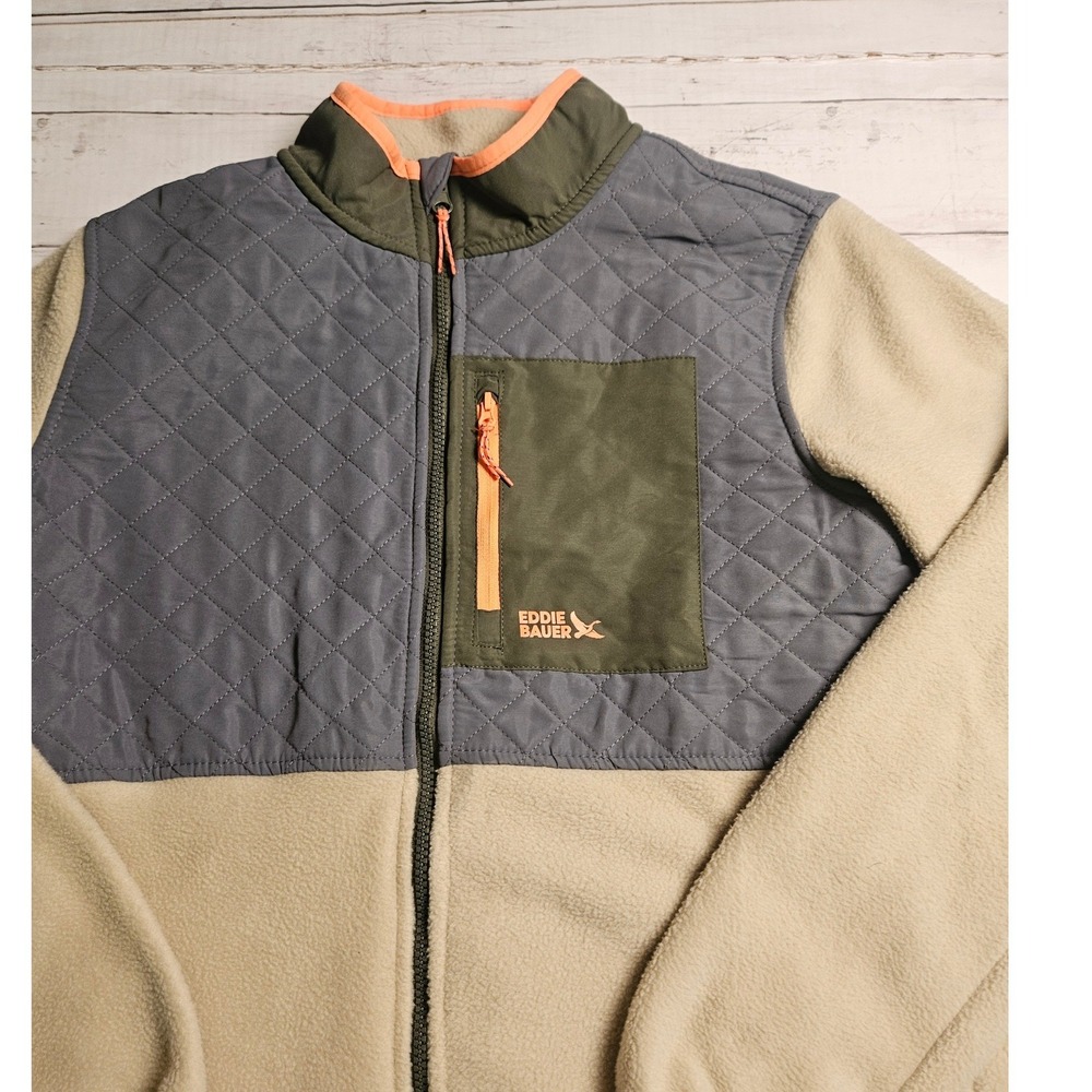 Eddie Bauer Kids Fleece Jacket Tan Gray Quilted Full Zip Mock Neck E9350W550 XL